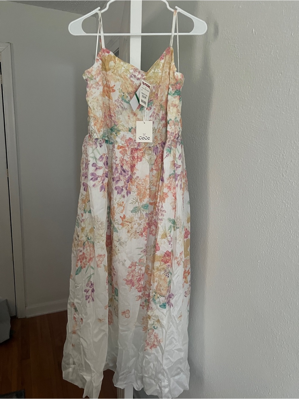 CeCe White Floral Spaghetti-Strap Maxi Dress with Pastel Blooms